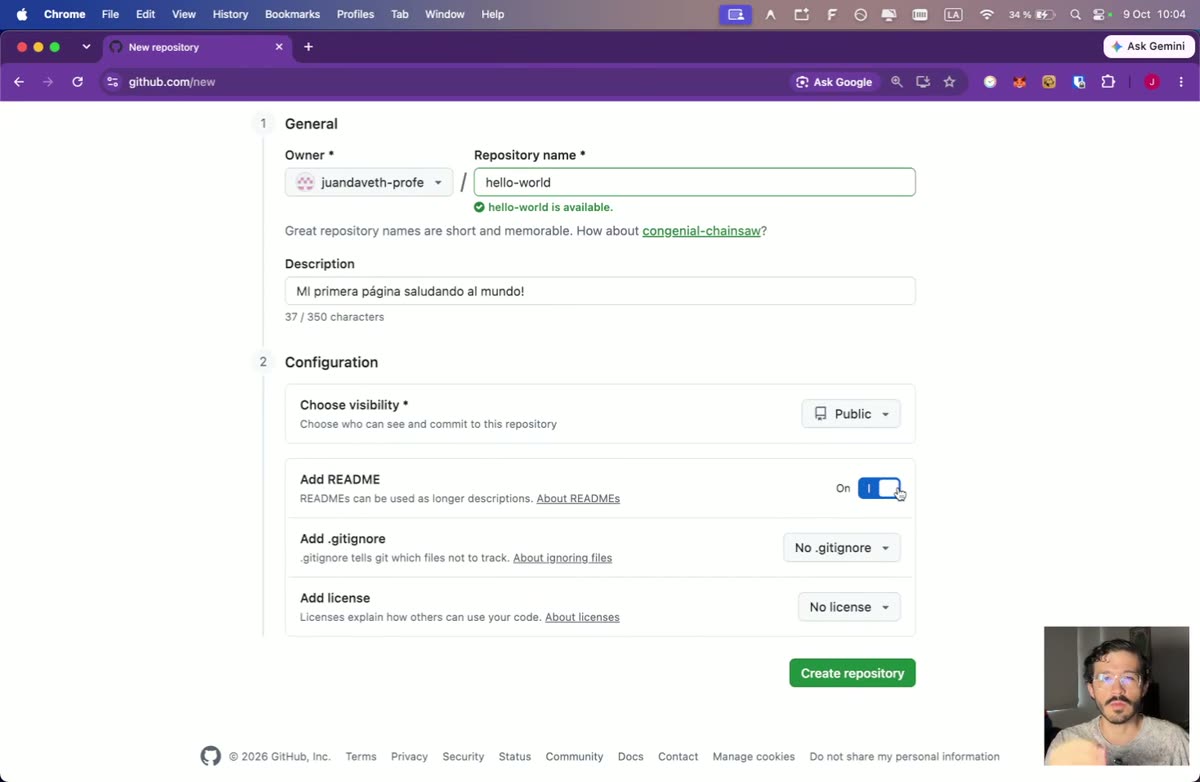 Crear el repositorio: nombre, descripción y README activado