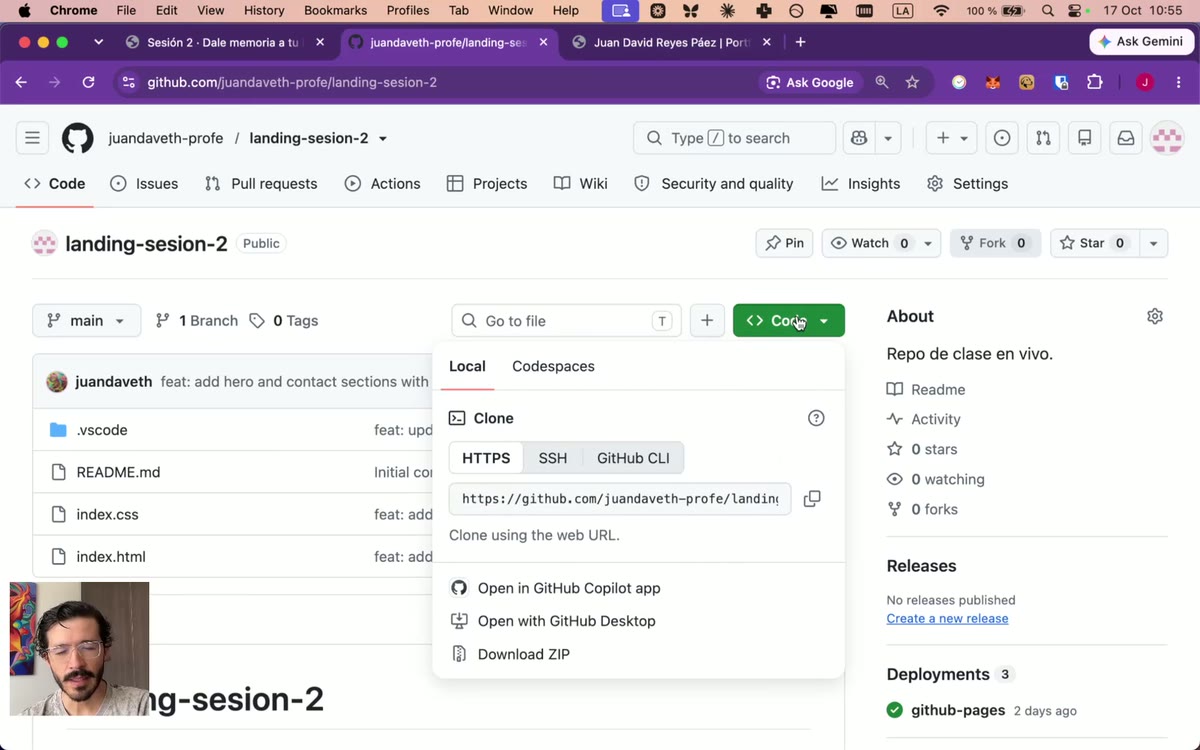 El botón Code en GitHub, con el link para clonar