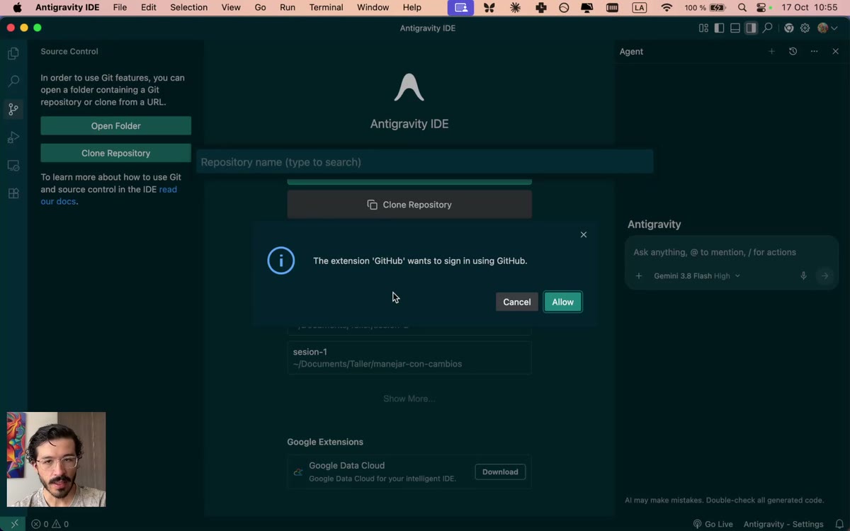 Antigravity pide permiso para entrar a GitHub