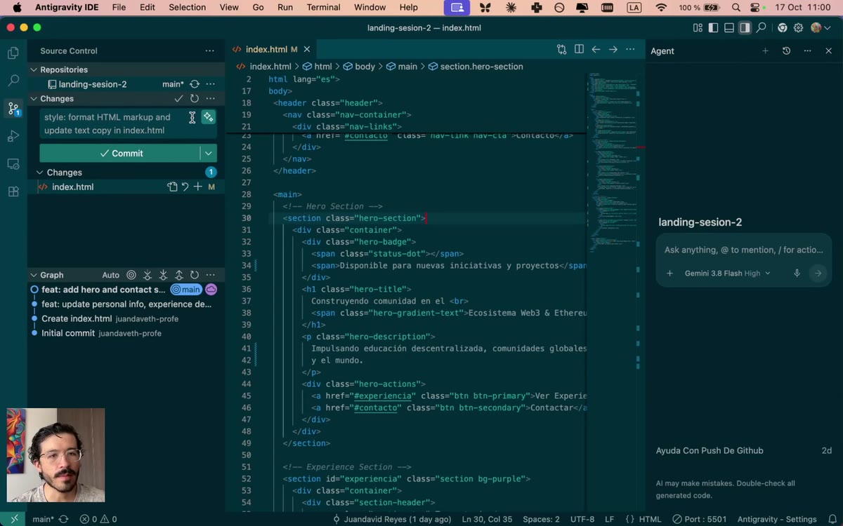 El mensaje del commit y el botón Commit